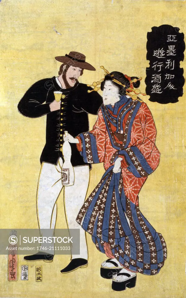 American enjoying himself. Japanese print shows an American man holding a glass and a Japanese courtesan holding a bottle. By Yoshitora Utagawa.