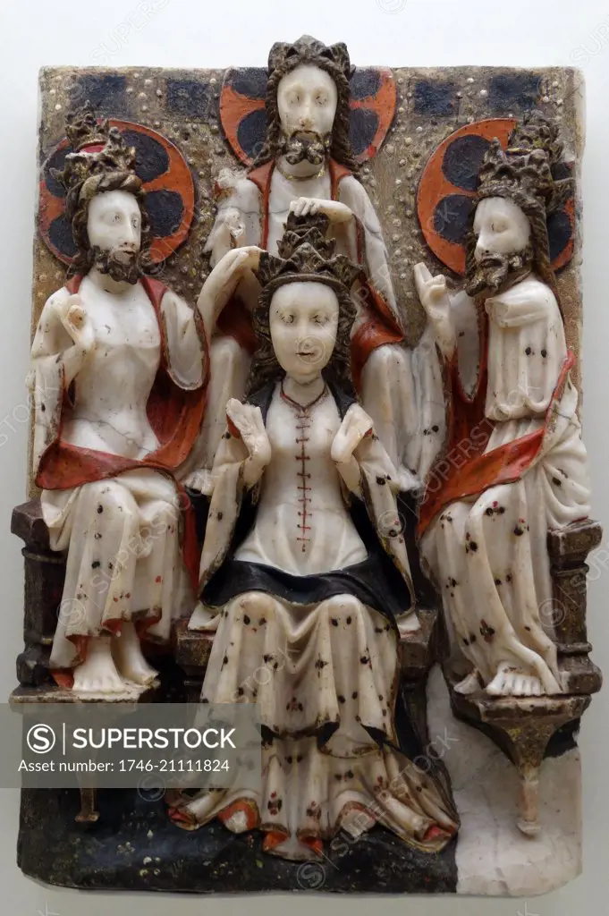 Alabaster carving depicting the Coronation of the Virgin by Anon. Dated 15th Century
