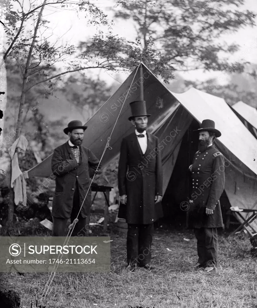 US President Abraham Lincoln, with (left) Allan Pinkerton (Pinkerton Detective Agency) and (right) General John McClernand at Sharpsburg, Marylan1862