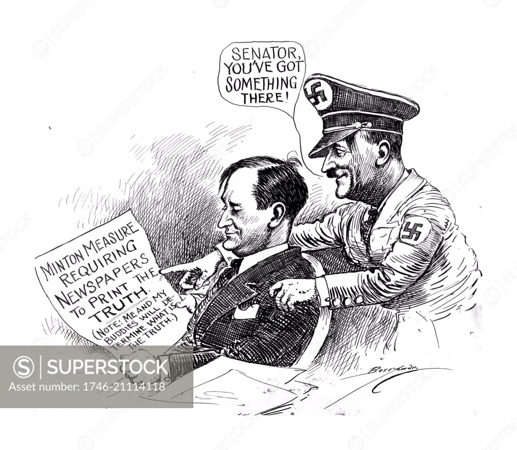 Political satire from the Berryman Political Cartoon Collection, depicting Adolf Hitler (1889-1945) Austrian-born German politician who was the leader of the Nazi Party and Chancellor of Germany, and Senator Sherman Minton (1890-1965) Democratic United States Senator from Indiana and an Associate Justice of the Supreme Court of the United States. By Clifford K. Berryman (1869-1949) Pulitzer Prizeñwinning cartoonist with the Washington Star newspaper. Dated 1943