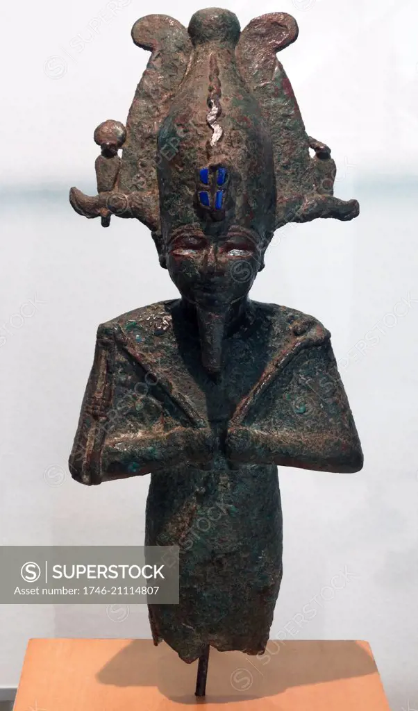 Statuette of the god ancient Egyptian God Osiris. Bronze. Late Period (715-332 BC). In a bloody battle, Seth dismembered Osiris and spread his remains all around Egypt. Isis searched for the fragments to make a mummy and thus bring her beloved husband to life once again