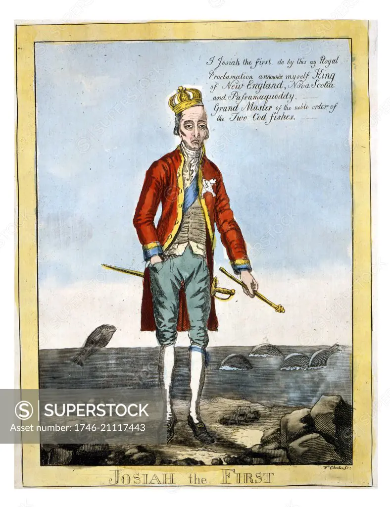 Aquatint engraving depicting Josiah the First. The caricature depicts the wealthy American politician and civic reformer Josiah Quincy I (1710ñ1784), by William Charles (1776-1820) Scottish-born engraver who immigrated to the United States. Dated 1813