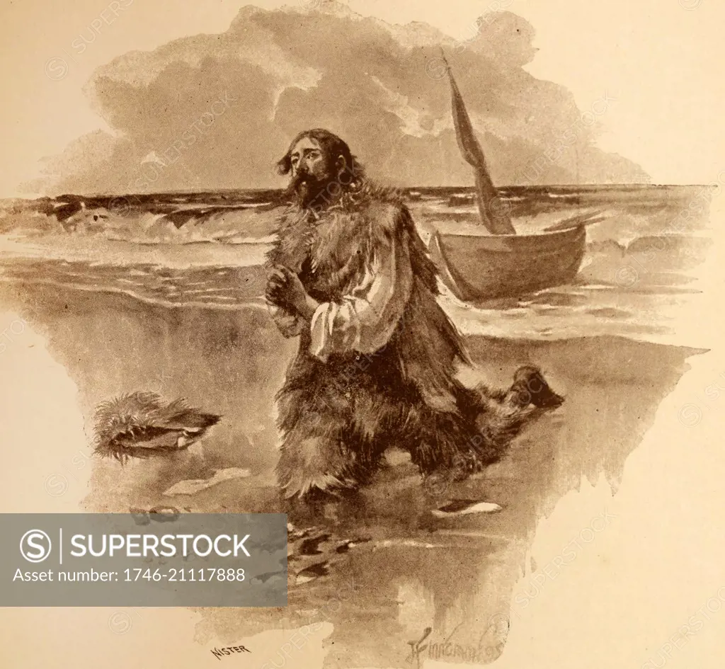 Illustration from a nineteenth century edition of 'Robinson Crusoe' a novel by Daniel Defoe. The book was first published on 25 April 1719. It relates the story of Robinson Crusoe, stranded on a desert Island for 28 years and his subsequent fight for survival.