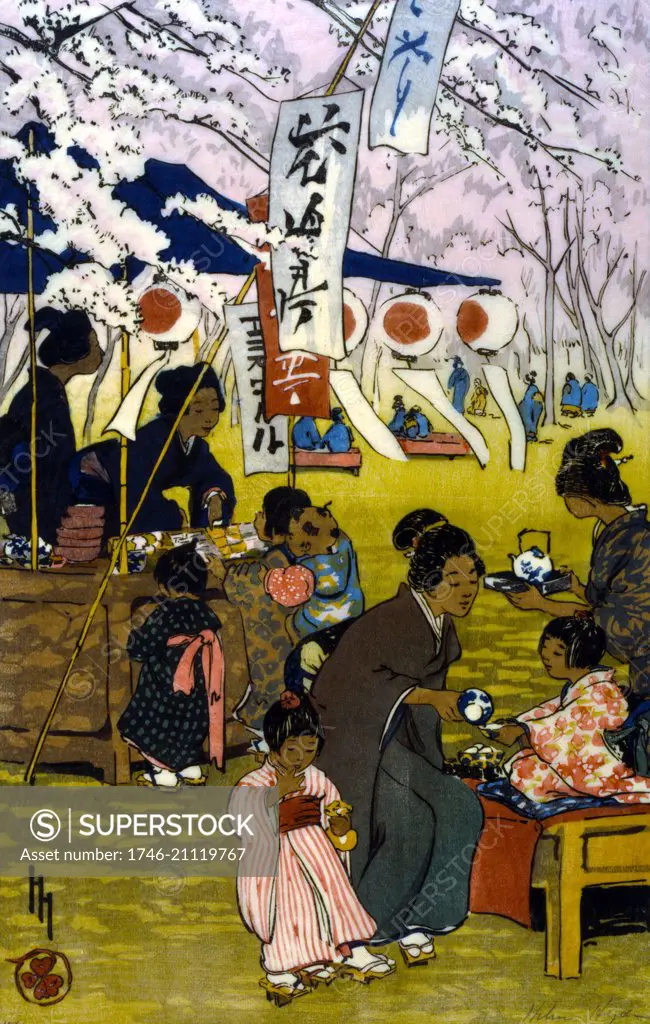 Blossom time in Tokyo by Helen Hyde, 1868-1919. Published: c1914: Print shows mothers and children drinking tea and eating among cherry blossoms.