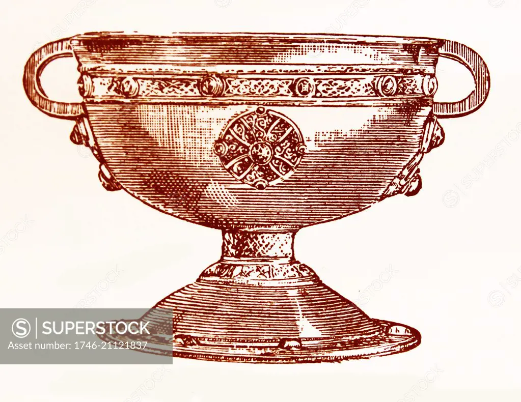 the Ardagh Chalice; Celtic metalwork goblet from the 8th - 9th centuries. Found in 1868; it is now on display in the National Museum of Ireland in Dublin