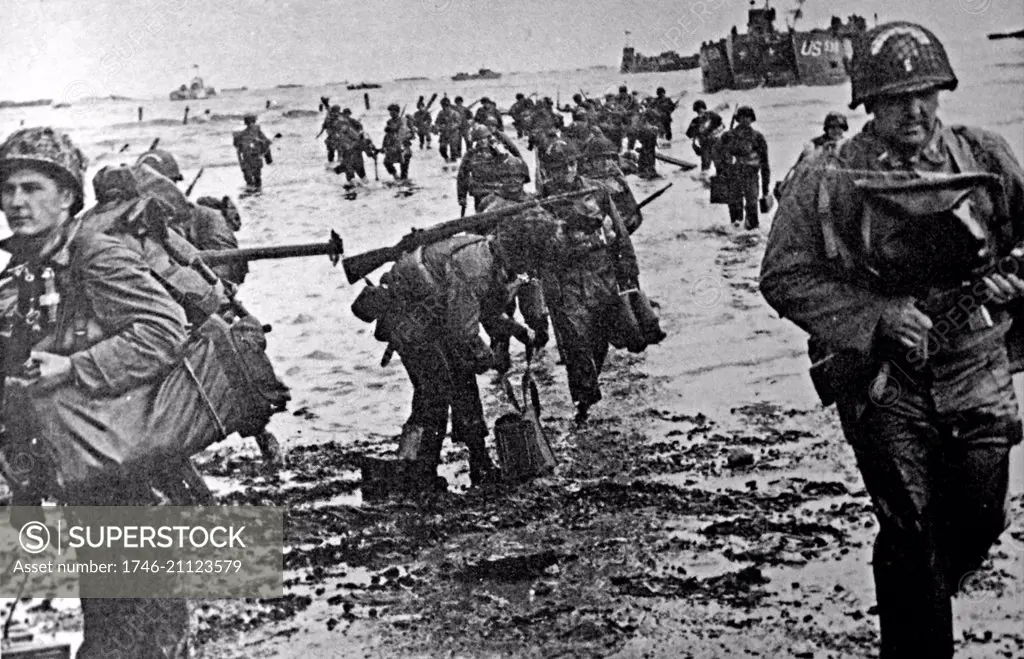 American soldiers go ashore during the Normandy landings. landing operations on Tuesday, 6 June 1944 (termed D-Day) of the Allied invasion of Normandy in Operation Overlord during World War II.