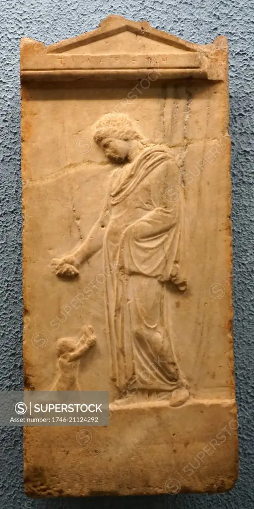 Marble tombstone depicting a woman leaving her child. Dated 400 BC
