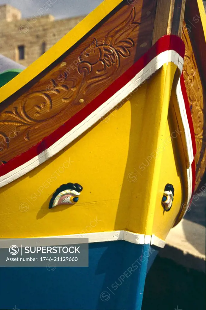Maltese fishing boat, called a Luzzu, or moustached boat, decorated with a pair of eyes to protect its occupants from the Evil Eye.