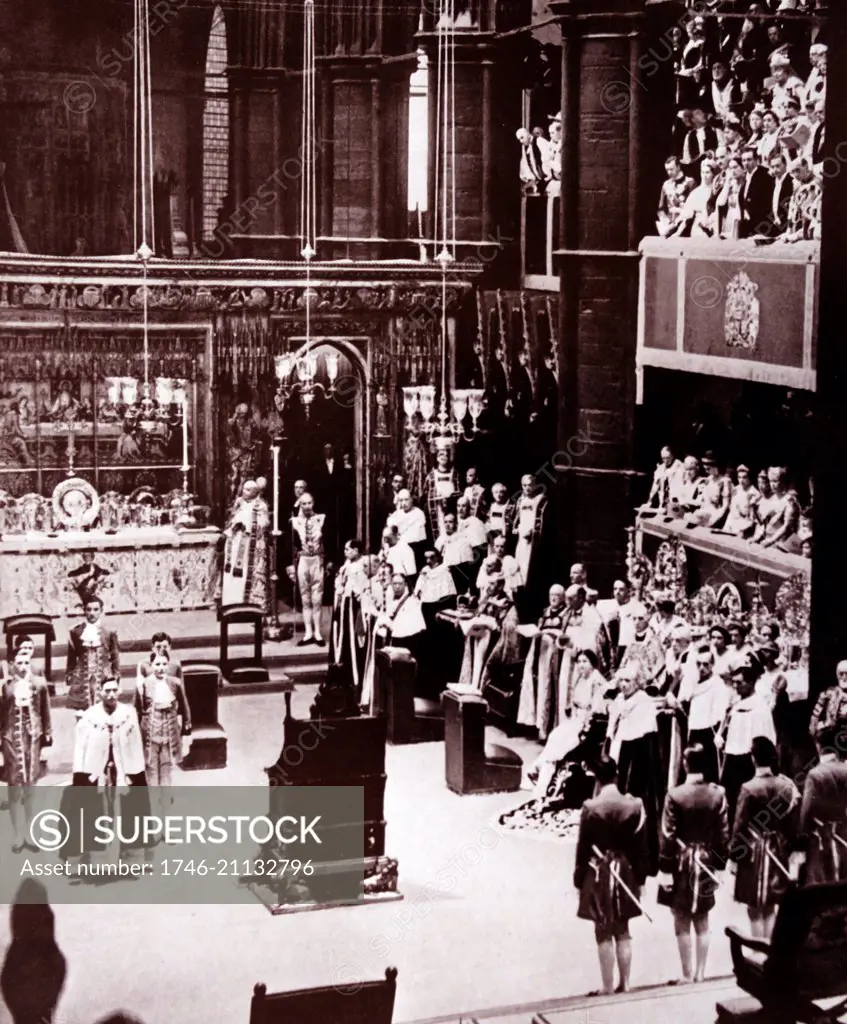 Coronation of King George VI of great Britain at Westminster Abbey 1937. Queen Elizabeth, Queen Mary and Princess (Later Queen Elizabeth II), look on at the right side.