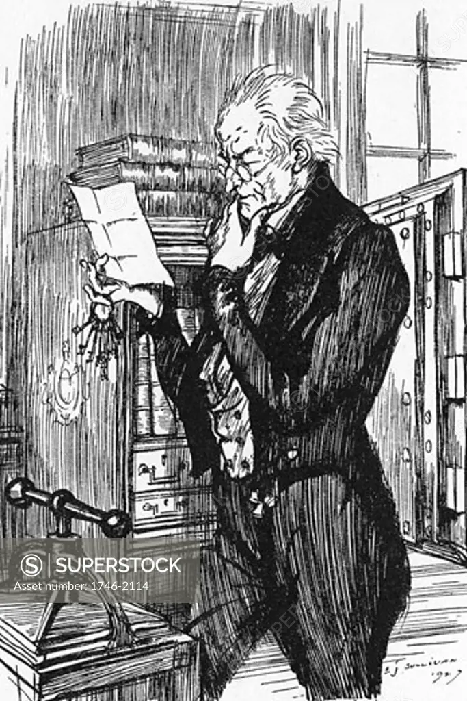 Mr Utterson, reading Hyde's letter to Jekyll, realising that the handwriting of the two is the same., From The Strange Case of Dr Jekyll and Mr Hyde, The novella written by Robert Louis Stevenson, first published 1886, Illustration by Edmund J. Sullivan (1866-1933/English)