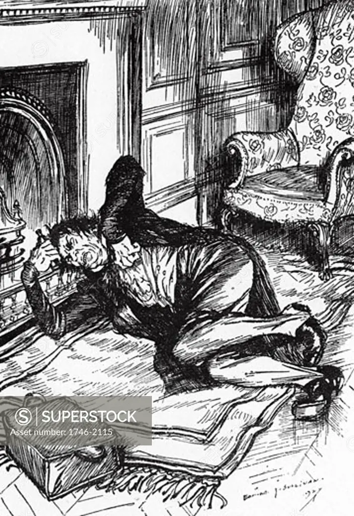 Mr Utterson and Jekyll's butler, having broken down the laboratory door, finds Hyde not yet back to being Dr Jekyll, From The Strange Case of Dr Jekyll and Mr Hyde, The novella written by Robert Louis Stevenson, first published 1886, Illustration by Edmund J. Sullivan (1866-1933/English)