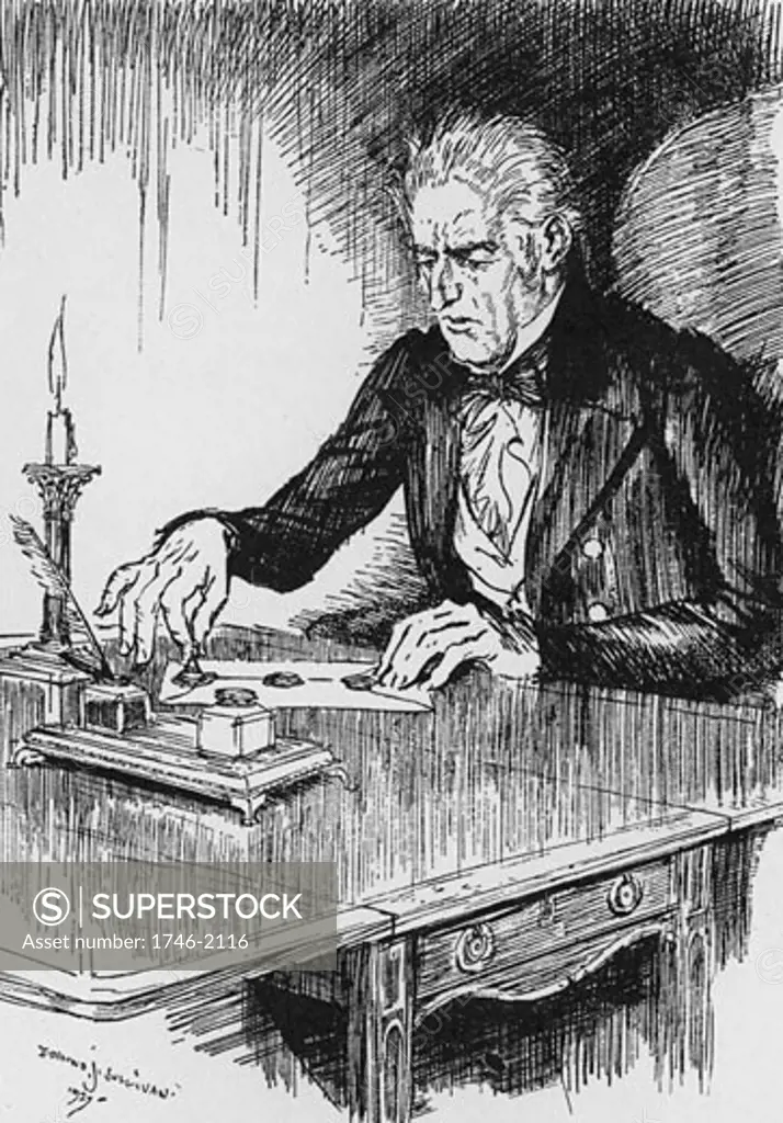 Dr Jekyll, having written down his confession to being the murderer Hyde, seals the document., From The Strange Case of Dr Jekyll and Mr Hyde, The novella written by Robert Louis Stevenson, first published 1886, Illustration by Edmund J. Sullivan (1866-1933/English)