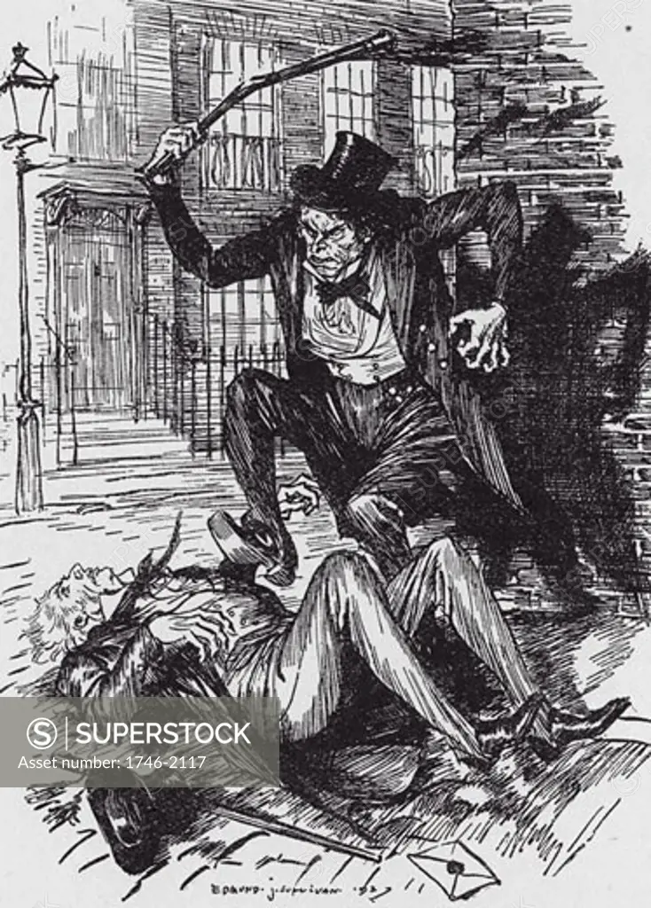Mr Hyde clubbing Sir Danvers Carew to death with ape-like fury observed by a maidservant at full moon., From The Strange Case of Dr Jekyll and Mr Hyde, The novella written by Robert Louis Stevenson, first published 1886, Illustration by Edmund J. Sullivan (1866-1933/English)