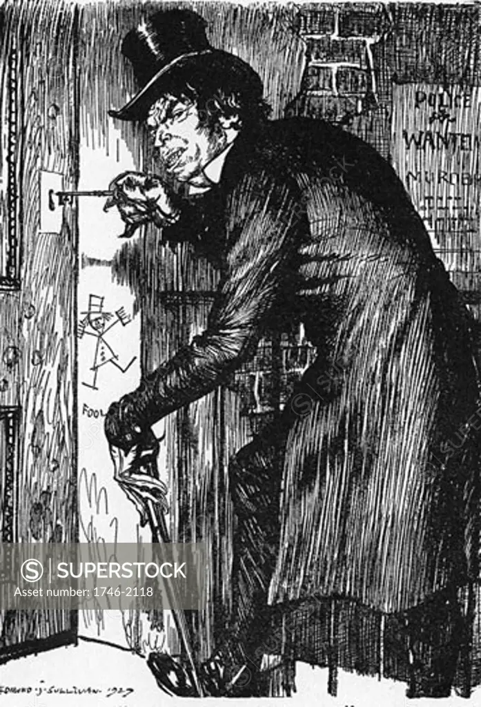 Mr Hyde letting himself in after his night's adventures to take the antidote and to resume the character of Dr Jekyll., From The Strange Case of Dr Jekyll and Mr Hyde, The novella written by Robert Louis Stevenson, first published 1886, Illustration by Edmund J. Sullivan (1866-1933/English)
