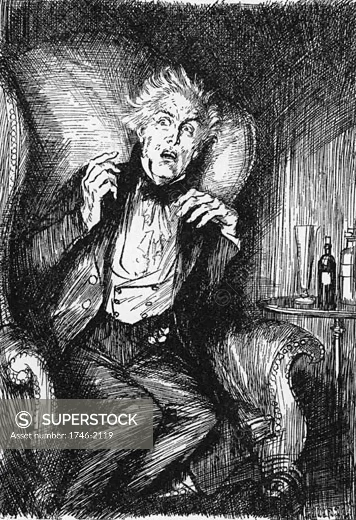 An expression of such abject terror and despair comes across Dr Jekyll's face in the middle of a conversation with Mr Utterson and Mr Enfield., From The Strange Case of Dr Jekyll and Mr Hyde, The novella written by Robert Louis Stevenson, first published 1886, Illustration by Edmund J. Sullivan (186