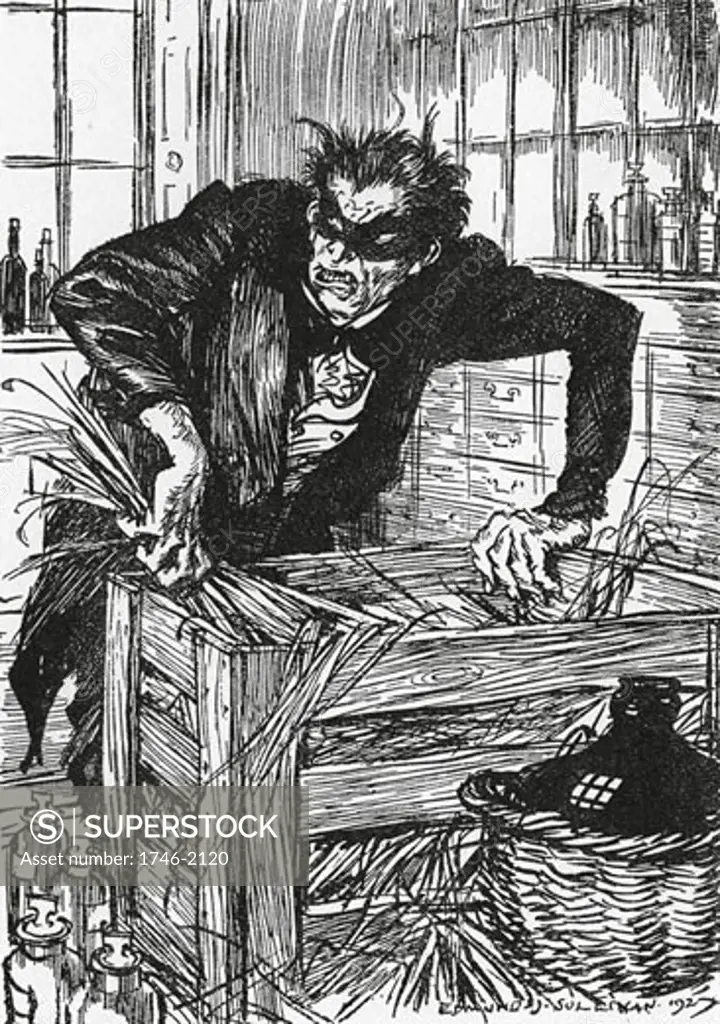 Dr Jekyll trying desperately to find the chemicals that will enable him to cast off his Mr Hyde persona., From The Strange Case of Dr Jekyll and Mr Hyde, The novella written by Robert Louis Stevenson, first published 1886, Illustration by Edmund J. Sullivan (1866-1933/English)