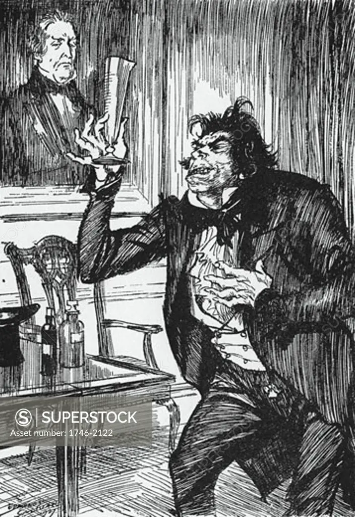 Mr Hyde on his visit to Dr Lanyon eagerly mixes the chemicals Dr Jekyll has sent there, drinks down the mixture., From The Strange Case of Dr Jekyll and Mr Hyde, The novella written by Robert Louis Stevenson, first published 1886, Illustration by Edmund J. Sullivan (1866-1933/English)