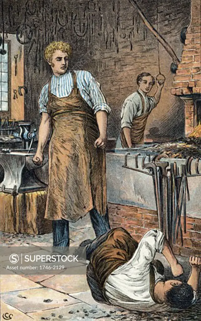Joe Gargery, the gentle giant, provoked to violence in his smithy. In the background his brother-in-law Philip Pirrip (Pip), the hero of the novel, works the bellows., From Great Expectations by Charles Dickens, Illustration by Charles Green (1840-1898/British)