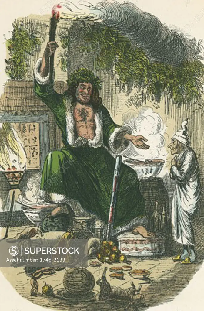 The Ghost of Christmas Present appearing to Scrooge, From A Christmas Carol by Charles Dickens, London 1843-1834, Illustration by John Leech (1817-64/British)