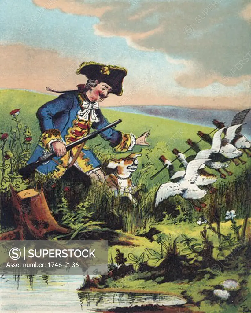Munchausen, showing his prowess as a hunter by killing many wildfowl with a single shot. From The Travels and Surprising Adventures of Baron Munchausen by Rudolph Erich Raspe, first published 1785., Chromolithograph from a French edition c.1850