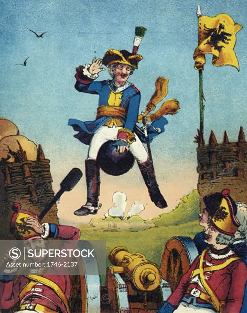 Munchausen, surprising artillerymen by arriving in their midst mounted on a cannon ball., From The Travels and Surprising Adventures of Baron Munchausen by Rudolph Erich Raspe, first published 1785., Chromolithograph from a French edition c1850