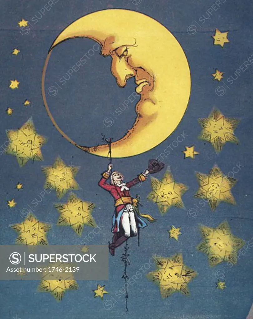 Munchausen, recovering his silver casket which had bounced up to the moon. He grew a turkey bean and climbed up to the moon., From The Travels and Surprising Adventures of Baron Munchausen by Rudolph Erich Raspe, first published 1785., Chromolithograph from a French edition c1850