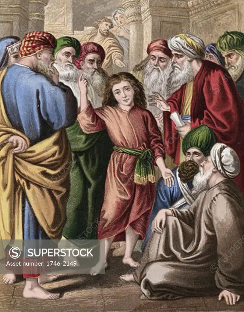 Christ as a boy discussing with the doctors in the Temple. Luke:2. Mid-19th century chromolithograph. Colour 