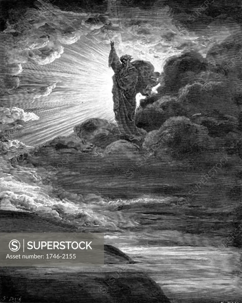 God creating light. Old Testament: Genesis. From Gustave Dore's illustrated "Bible", 1866. Wood engraving