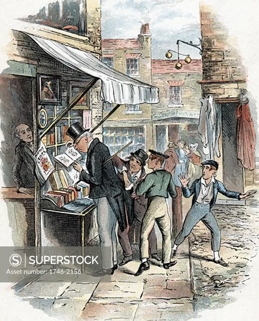 The Artful Dodger picking a pocket to the amazement of Oliver Twist., From the novel Oliver Twist by Charles Dickens, George Cruikshank, (1792-1878/British)