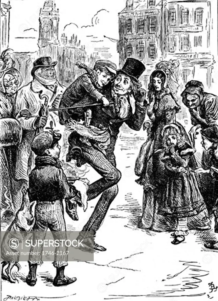 Bob Cratchet carries tiny Tim on his shoulders., From A Christmas Carol by Charles Dickens