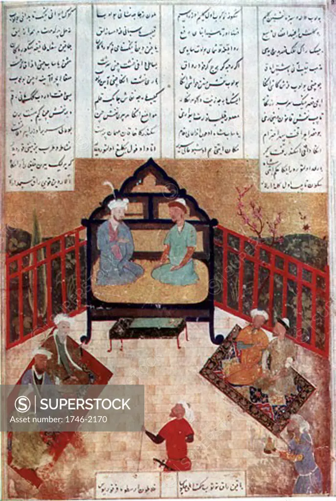 Alexander talking to wise men and scholars., The legend of Alexander the Great (356-323 BC) was recounted endlessly in Islamic art and literature., After a Persian manuscript.