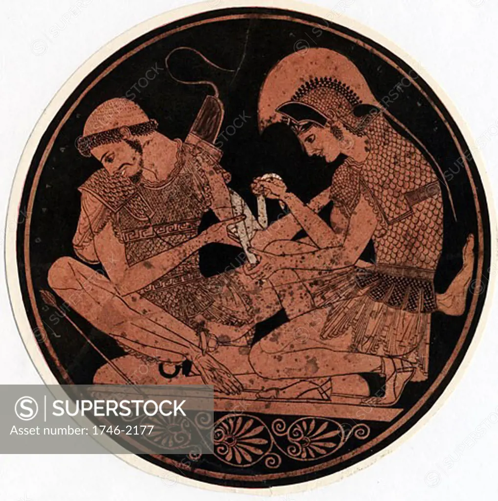 Achilles, hero of Homer's epic poem Iliad, bandaging the wound of his firend Patroclus. Decoration on the base of an antique vase