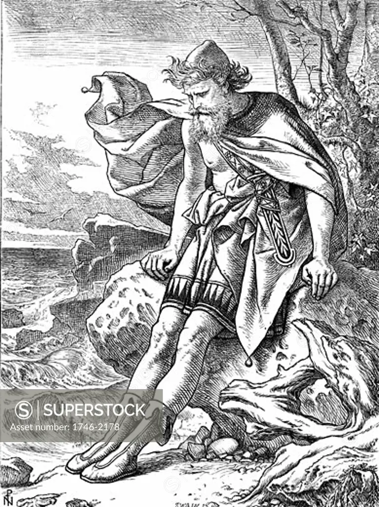 Ulysses on Ogygia. Ulysses, mythical king of Ithaca, hero of Homer's Odyssey (Odysseus). Illustration by Joseph Noel Paton (1821-1901) for his own poem published London 1864.