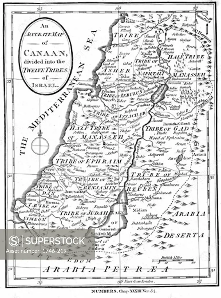Map of Canaan divided into the territories of the Twelve Tribes of Israel as described in the Bible, Numbers 23:54, c.1830, Engraving