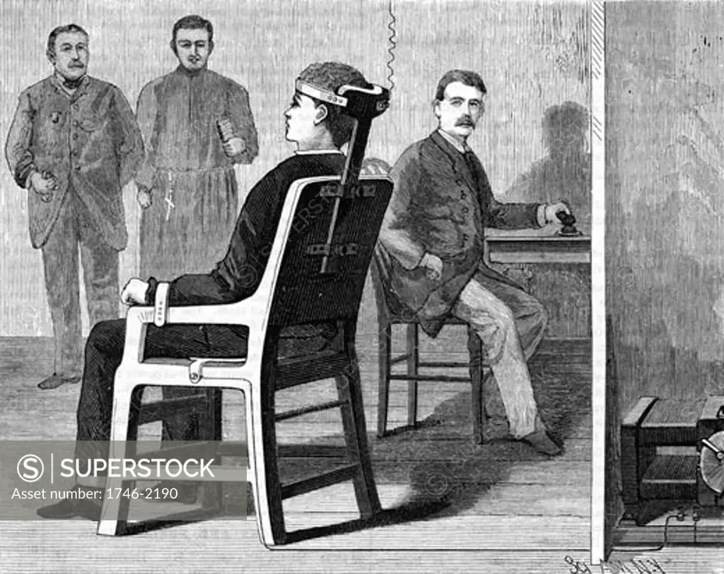 Artist's impression of execution by electric chair, prepared after experiments on the practicability of electrocution as method of execution. From Scientific American New York, 30 June 1888. Westinghouse AC system.