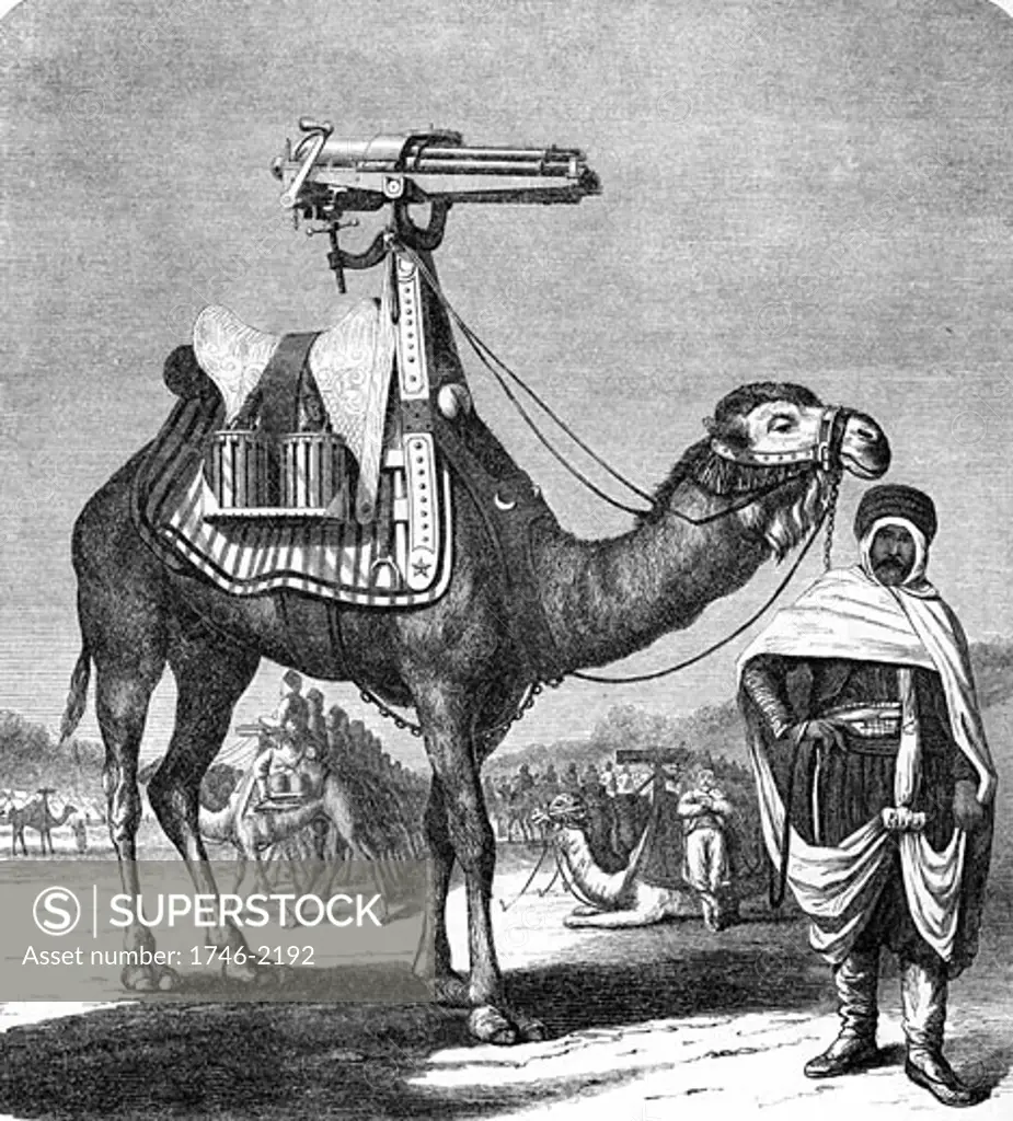 Gatling rapid fire gun (1861-62): Camel-mounted model. From The Science Record New York, 1862. Engraving