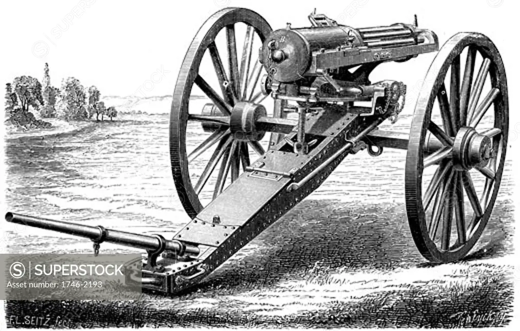 Gatling rapid fire gun (1861-62): Various models. From The Science Record New York, 1862. Engraving
