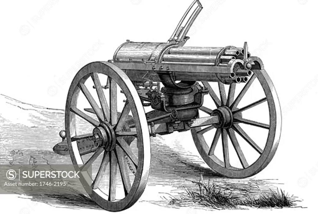 Gatling machine gun. From The Graphic, London, 1870.