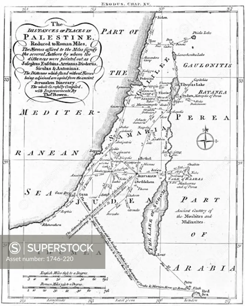 Map of Palestine showing distances in Roman miles. Based on various ancient authors and the Jerusalem Itinerary, c.1830, Engraving