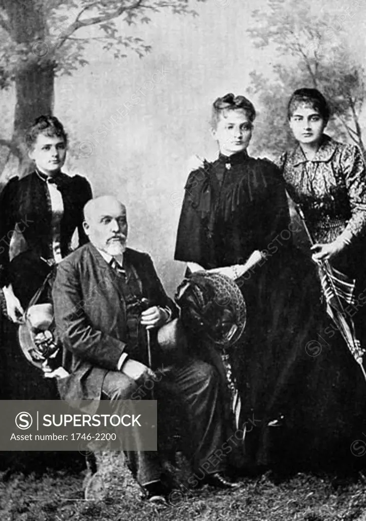 M. Sklodowska with his three surviving daughters. Left to right; Maria (Marie Curie), Bronya and Hela.