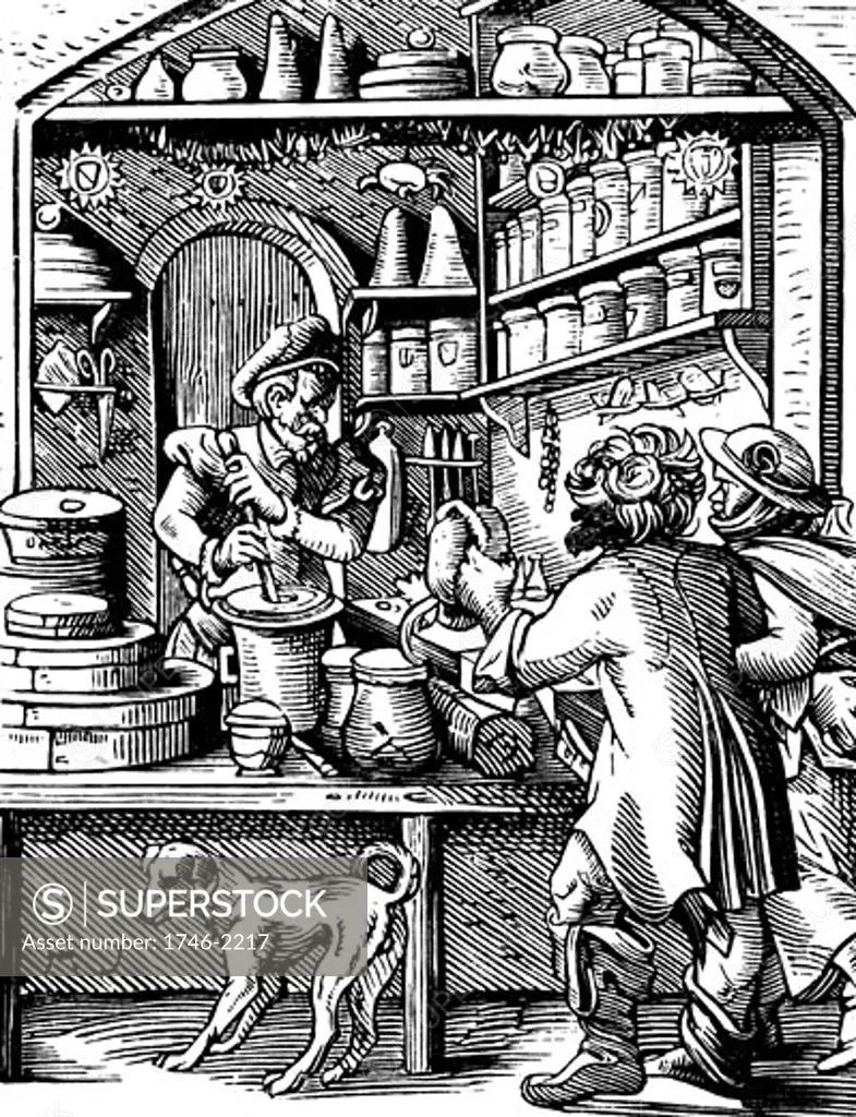 The Druggist. Druggist is using pestle and mortar to grind ingredients, Jost Amman (1539-1591/Swiss) , 16th century woodcut