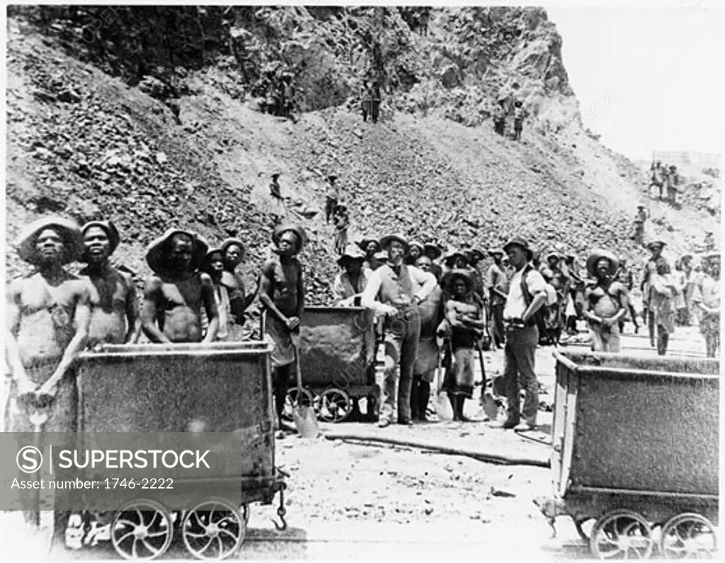 Zulu men at De Beers diamond mines, South Africa. From photograph taken c.1885.