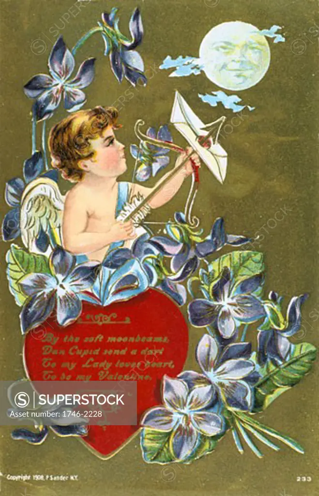 Cupid shooting an arrow carrying a love letter, 1908