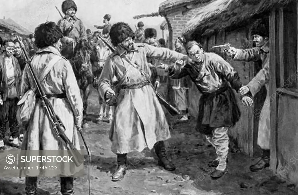 Cossacks searching for Japanese spies in a Manchurian village, Russo-Japanese War, 1904-1905