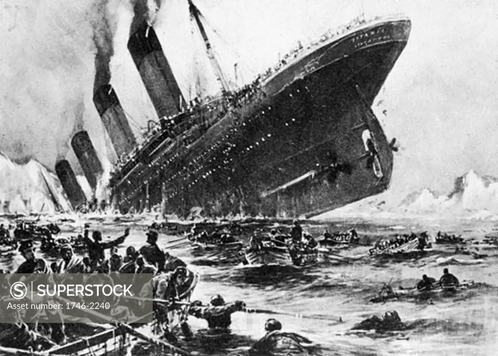The loss of SS Titanic, 14 April 1912: Artists impression of the ship going down. Operated by the White Star Line, SS Titanic struck an iceberg in thick fog off Newfoundland.  Out of the 2228 people on board, only 705 survived.