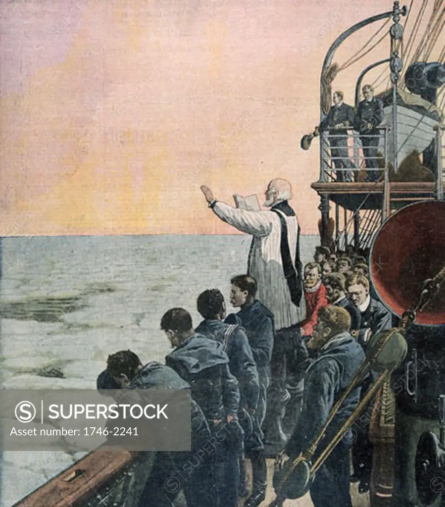 The loss of SS Titanic, 14 April 1912: Prayers at the scene of the disaster. The White Star Line chartered the cable-laying vessel Mackay-Brown to recover bodies and debris from the wreck of SS Titanic. The vessel carried morticians and mortuary equipment and the remains recovered were landed at New