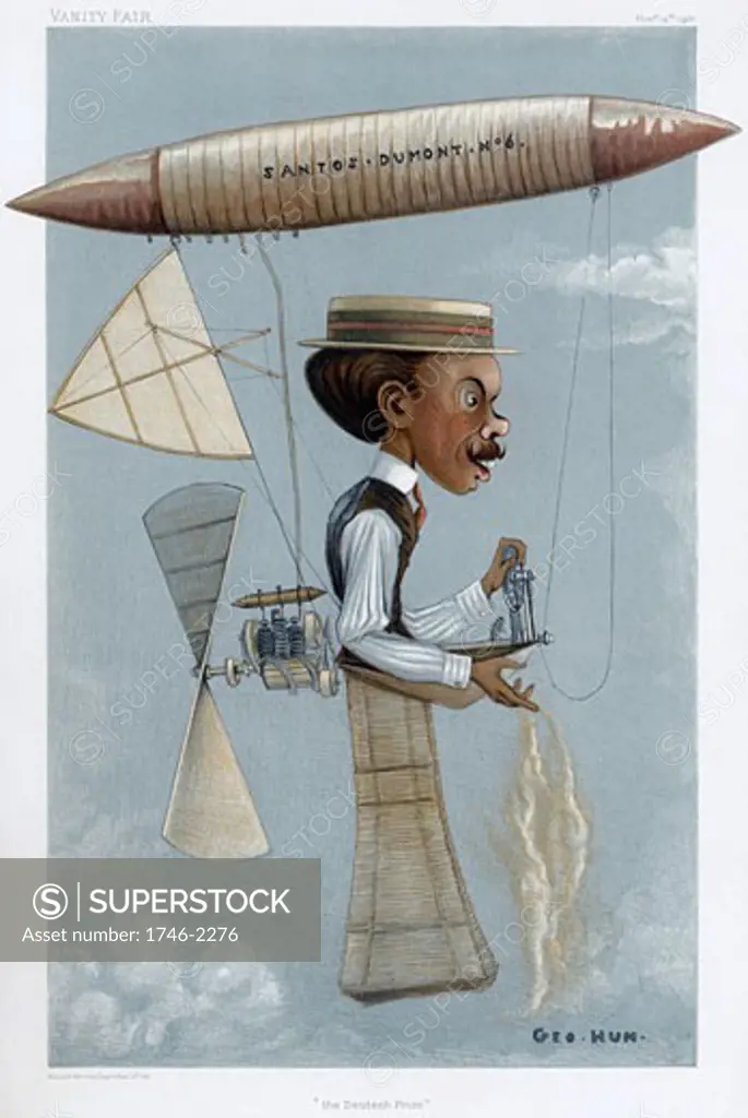 Alberto Santos-Dumont (1873-1932) Brazilian aviation pioneer. Here in his airship (dirigible) No. 6 in which he won the Deutsch Prize in 1901. Cartoon from Vanity Fair, London, 14 November 1901.