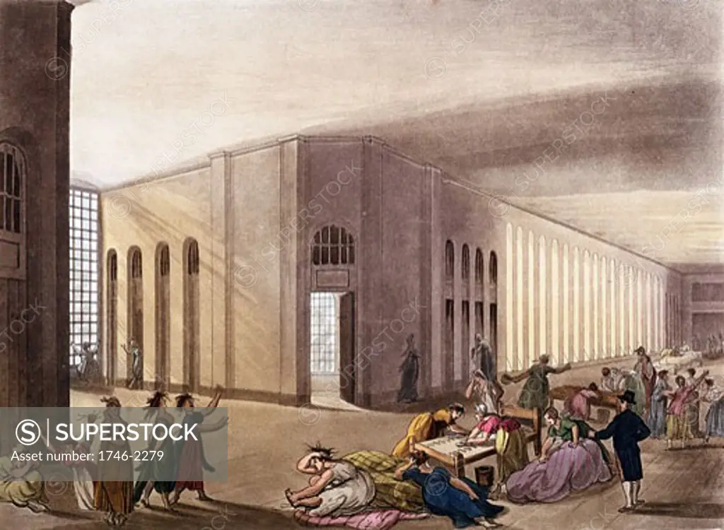 St. Luke's Hospital, Old Street, London. Lunatic asylum. Female patients in their day gallery. Each patient had own room. Architect, George Dance jnr (1741-1825). From The Microcosm of London, Ackermann, London, 1808-11. Illustrated Pugin and Rowlandson.