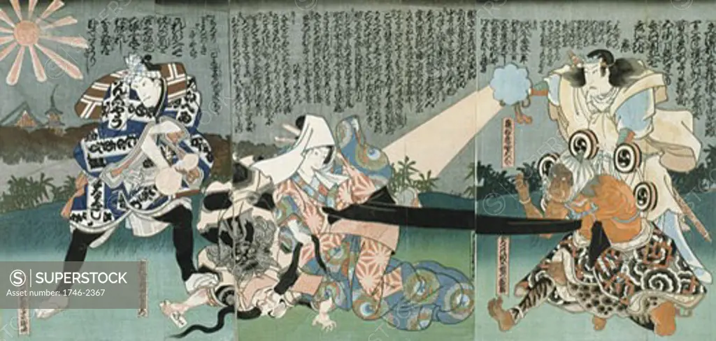 Japanese colour illustration showing Kabuki theatre, 19th century