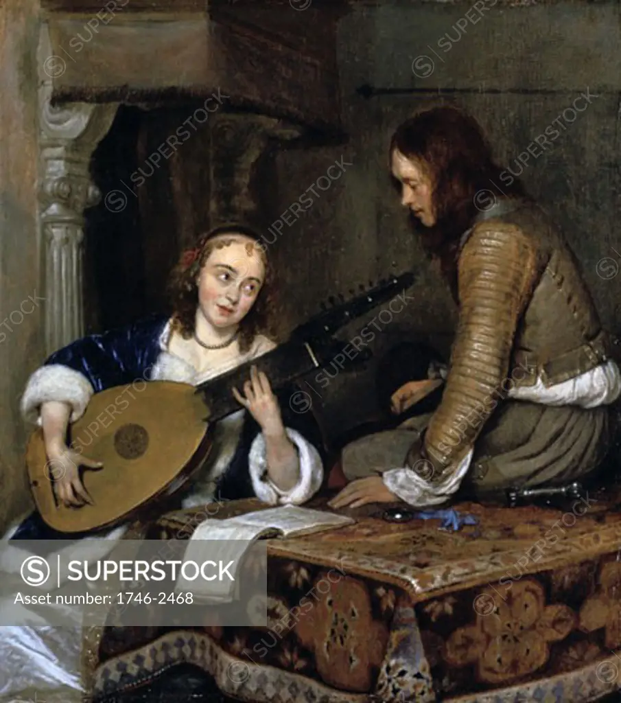 A Woman Playing the Theorbo-Lute and a Cavalier, c. 1658, Gerard ter Borch, (1617-1681/Dutch), Oil on Wood, Metropolitan Museum of Art, New York